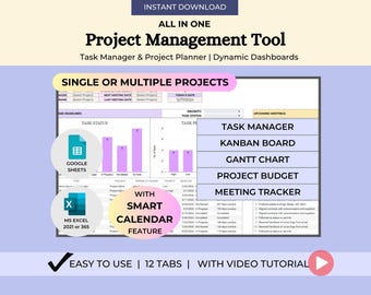 Project Management Template Google Sheets Project Planner Template Project Dashboard Excel Project Timeline Task Tracker Kanban Gantt Chart