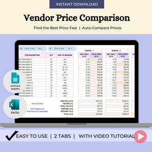 May include: A laptop screen showing a vendor price comparison spreadsheet. The spreadsheet has columns for item code, name, quantity, unit of measure, unit price, and total price. The text "Vendor Price Comparison" is at the top, with "Instant Download" above it.