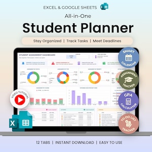 Può includere: Un pianificatore digitale per studenti per Excel e Google Sheets visualizzato su uno schermo di un portatile. La dashboard presenta grafici colorati, monitoraggio dei compiti, calcolatrice GPA, calendario intelligente e un elenco di attività.