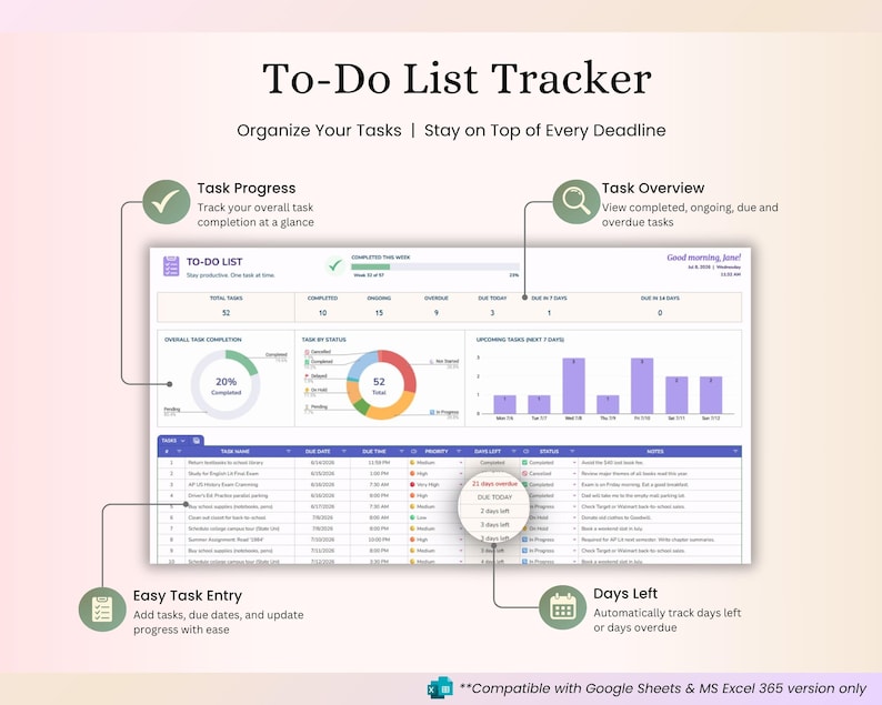 Assignment Tracker Google Sheets & Excel Spreadsheet for Students: Study Planner, Homework Organizer, Calendar - for School, College or Uni image 5