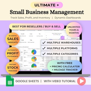 May include: A digital spreadsheet template for small business management displayed on a laptop screen. The interface features dynamic dashboards, sales insights, inventory breakdown charts, and profit statements with text overlays highlighting features.