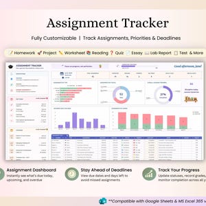 Assignment Tracker Google Sheets & Excel Spreadsheet for Students: Study Planner, Homework Organizer, Calendar - for School, College or Uni image 3