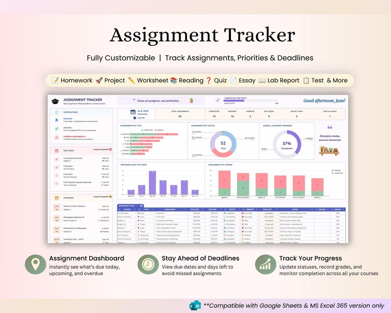 Assignment Tracker Google Sheets & Excel Spreadsheet for Students: Study Planner, Homework Organizer, Calendar - for School, College or Uni image 3
