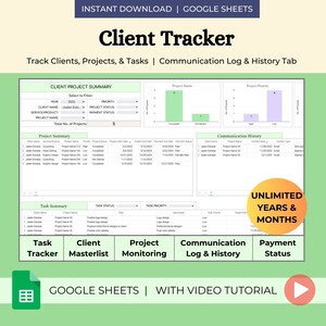 Può includere: Un modello di foglio di calcolo Google verde e bianco per tenere traccia di clienti, progetti e attività. Il modello include sezioni per il riepilogo del progetto cliente, il riepilogo del progetto, il riepilogo delle attività, la cronologia delle comunicazioni, il registro delle comunicazioni e la cronologia e lo stato del pagamento. Il modello include anche un tutorial video.