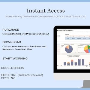 May include: Image showing a computer screen displaying a data analysis dashboard. The text reads "Instant Access" and details steps for purchase, download, and use with Google Sheets and Excel. The image includes charts and graphs.