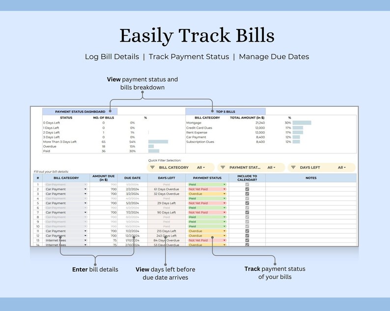 Simple Bill Tracker Automated Bill Calendar Payment Dashboard Expense ...