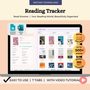 May include: A laptop screen displays a digital reading tracker with the text "Reading Tracker." The interface includes book covers, a book gallery, and a smart calendar. The image also shows icons for Google Sheets and Excel 365.
