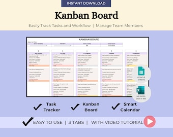 Kanban Board Excel Google Sheets for Task Tracker Smart Calendar Project Planner Dashboard Team Tracker To Do List Tracker Spreadsheet
