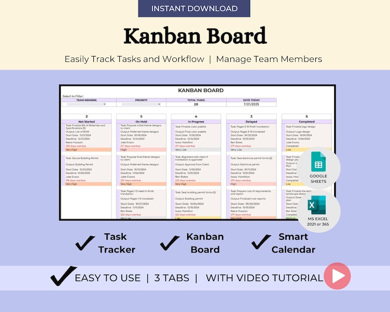 Kanban Board Excel Google Sheets for Task Tracker Smart Calendar ...