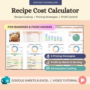 May include: A digital recipe cost calculator for bakeries and food makers. The image shows a spreadsheet with charts and graphs, including pie charts and bar graphs. The text includes "Recipe Costing", "Pricing Strategies", and "Profit Control".