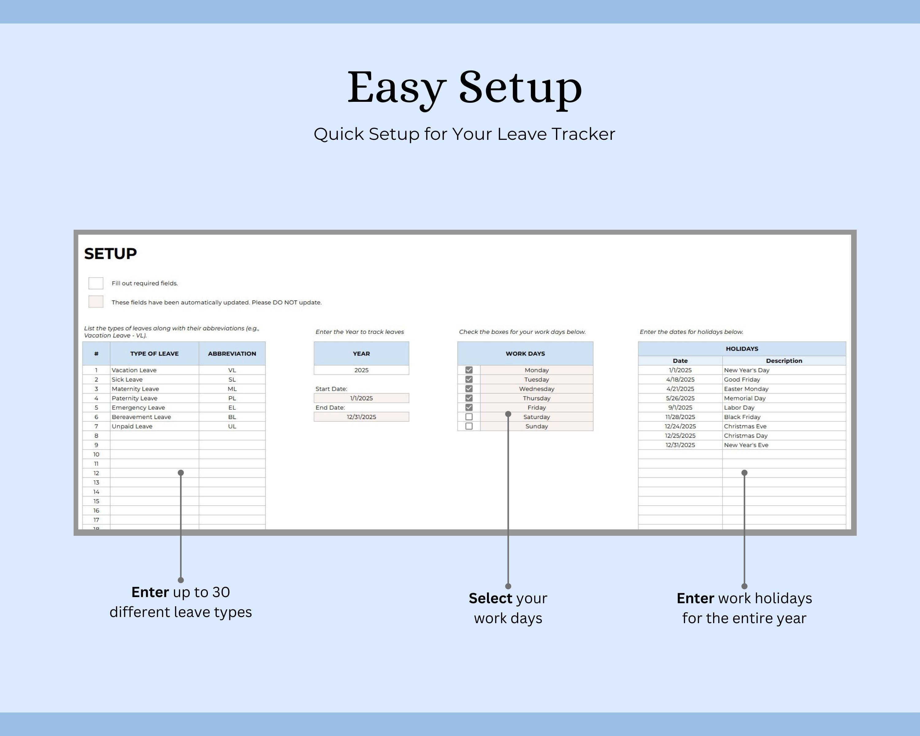 Employee Leave Tracker Spreadsheet Excel Google Sheets Vacation Time ...