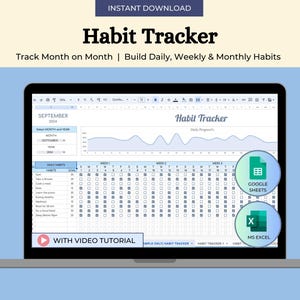 Habit Tracker Tabelle Google Sheets Excel, Täglicher Habit Planer, Wöchentliche Gewohnheiten, Monatliche Gewohnheiten, Digitale Routine Dashboard, To Do Liste