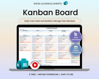 May include: A digital Kanban board template for Excel and Google Sheets displayed on a laptop screen. The interface features columns for Not Started, On Hold, In Progress, and Delayed tasks, with circular icons for Task Manager and Smart Calendar.