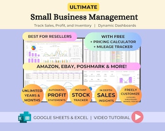 Könnte beinhalten: Werbegrafik für eine Software zur Verwaltung kleiner Unternehmen. Das Bild zeigt den Text "ULTIMATE Small Business Management" und hebt Funktionen wie Umsatzverfolgung, Gewinnermittlung und Bestandsverwaltung hervor. Es enthält den Text "Best for Resellers".