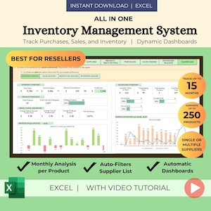 May include: A green and white graphic with the text "Inventory Management System" in black. The graphic features a spreadsheet with charts and graphs, and the text "Track Purchases, Sales, and Inventory | Dynamic Dashboards". The graphic also includes the text "Best for Resellers" and a green checkmark with the text "Monthly Analysis per Product".
