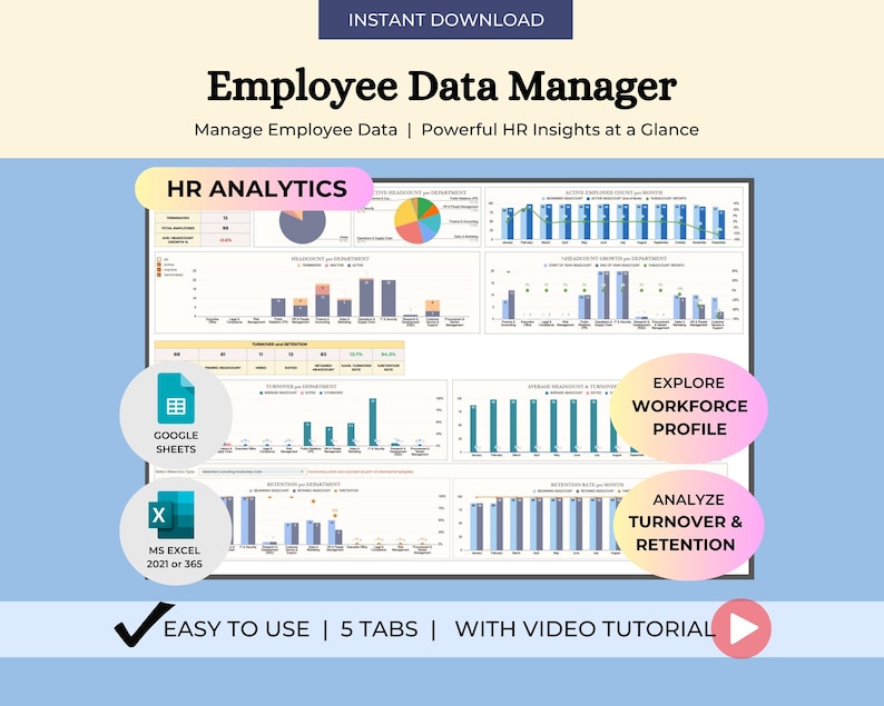 May include: A digital graphic with the text "Employee Data Manager" and "Manage Employee Data | Powerful HR Insights at a Glance." The image includes charts, graphs, and icons for Google Sheets and MS Excel. It also features the phrases "HR Analytics," "Explore Workforce Profile," and "Analyze Turnover & Retention."