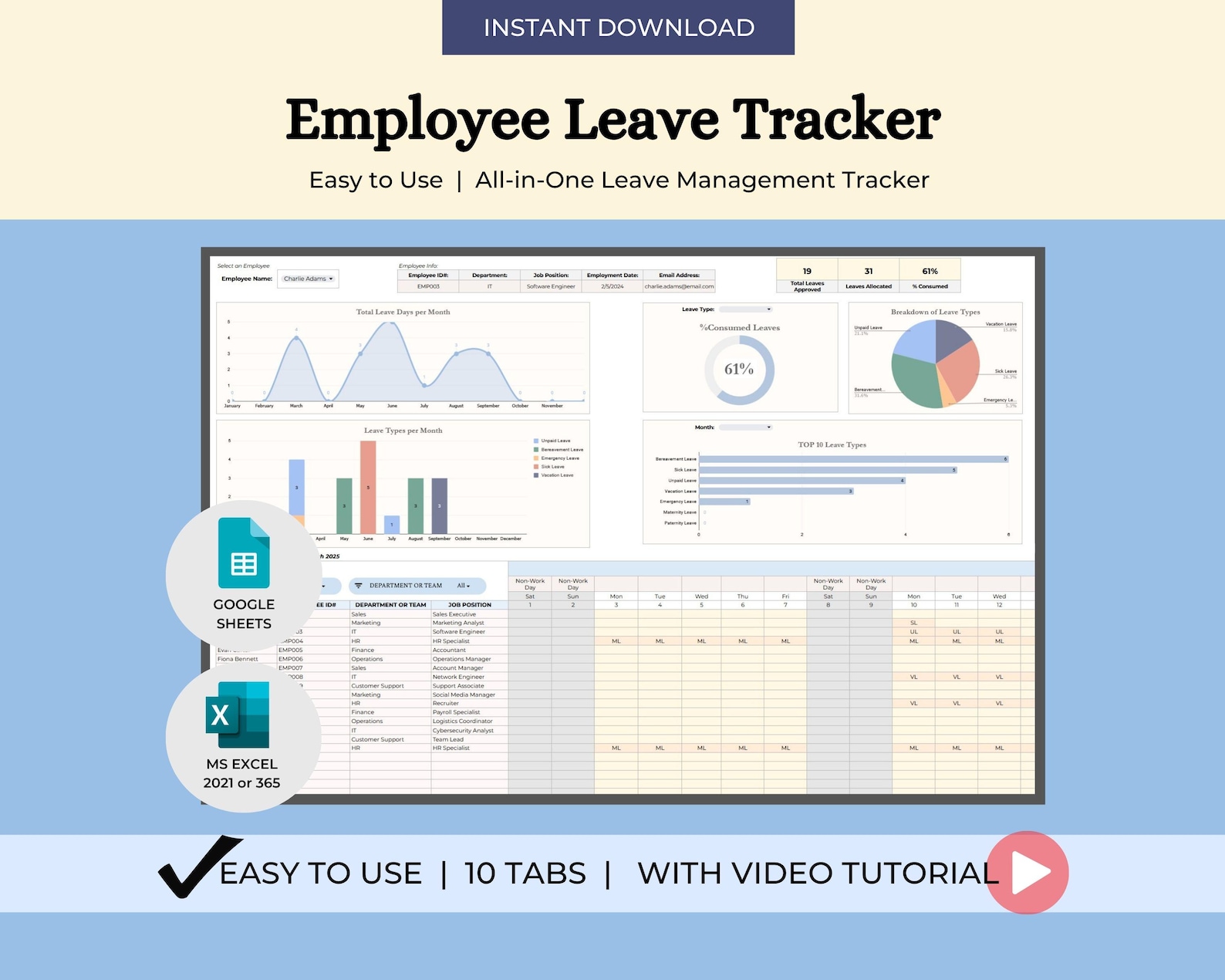 Employee Leave Tracker Spreadsheet Excel Google Sheets Vacation Time ...