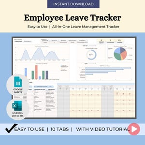 Employee Leave Tracker Spreadsheet Excel Google Sheets Vacation Time Off Log HR Attendance Template Staff Absence Planner HR Tool