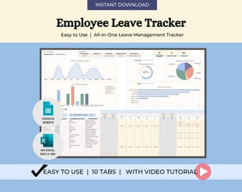 Employee Leave Tracker Spreadsheet Excel Google Sheets Vacation Time Off Log HR Attendance Template Staff Absence Planner HR Tool