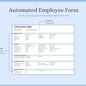 May include: An automated employee form on a light blue background. The form includes sections for personal details, job details, emergency contact details, compensation details, and termination details. The text "Automated Employee Form" is at the top.