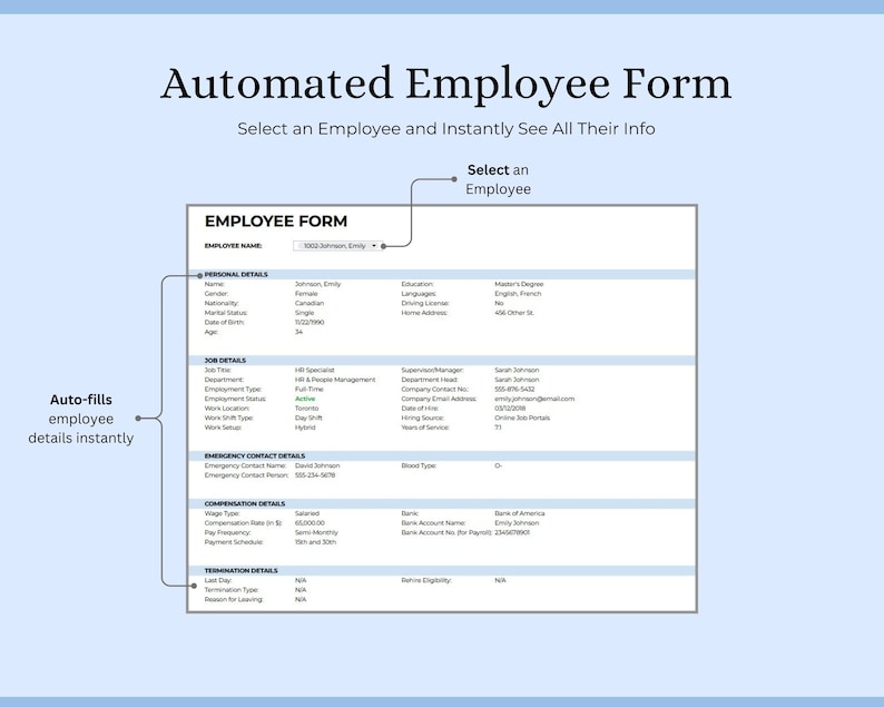 May include: An automated employee form on a light blue background. The form includes sections for personal details, job details, emergency contact details, compensation details, and termination details. The text "Automated Employee Form" is at the top.
