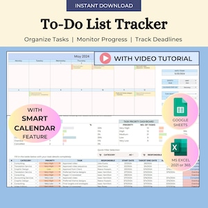 To Do List Tracker, Task Tracker Spreadsheet Template, Productivity Planner, Daily Weekly Monthly Calendar, Editable Excel Google Sheets
