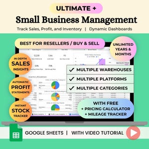 May include: A digital small business management tool for Google Sheets displayed on a laptop screen. The interface features dynamic dashboards, sales insights, profit statements, and inventory trackers with multiple warehouse, platform, and category support.