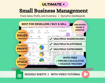 May include: A digital small business management tool for Google Sheets displayed on a laptop screen. The interface features dynamic dashboards, sales insights, profit statements, and inventory trackers with multiple warehouse, platform, and category support.