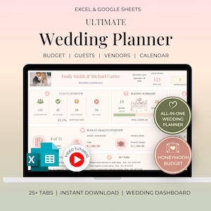 May include: A digital wedding planner for Excel and Google Sheets displayed on a laptop screen. The dashboard features sections for budget, guests, vendors, and a calendar. It includes a video tutorial icon, an all-in-one planner badge, and a honeymoon budget badge.
