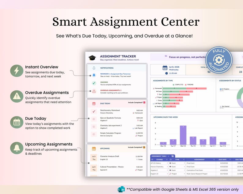 Assignment Tracker Google Sheets & Excel Spreadsheet for Students: Study Planner, Homework Organizer, Calendar - for School, College or Uni image 4