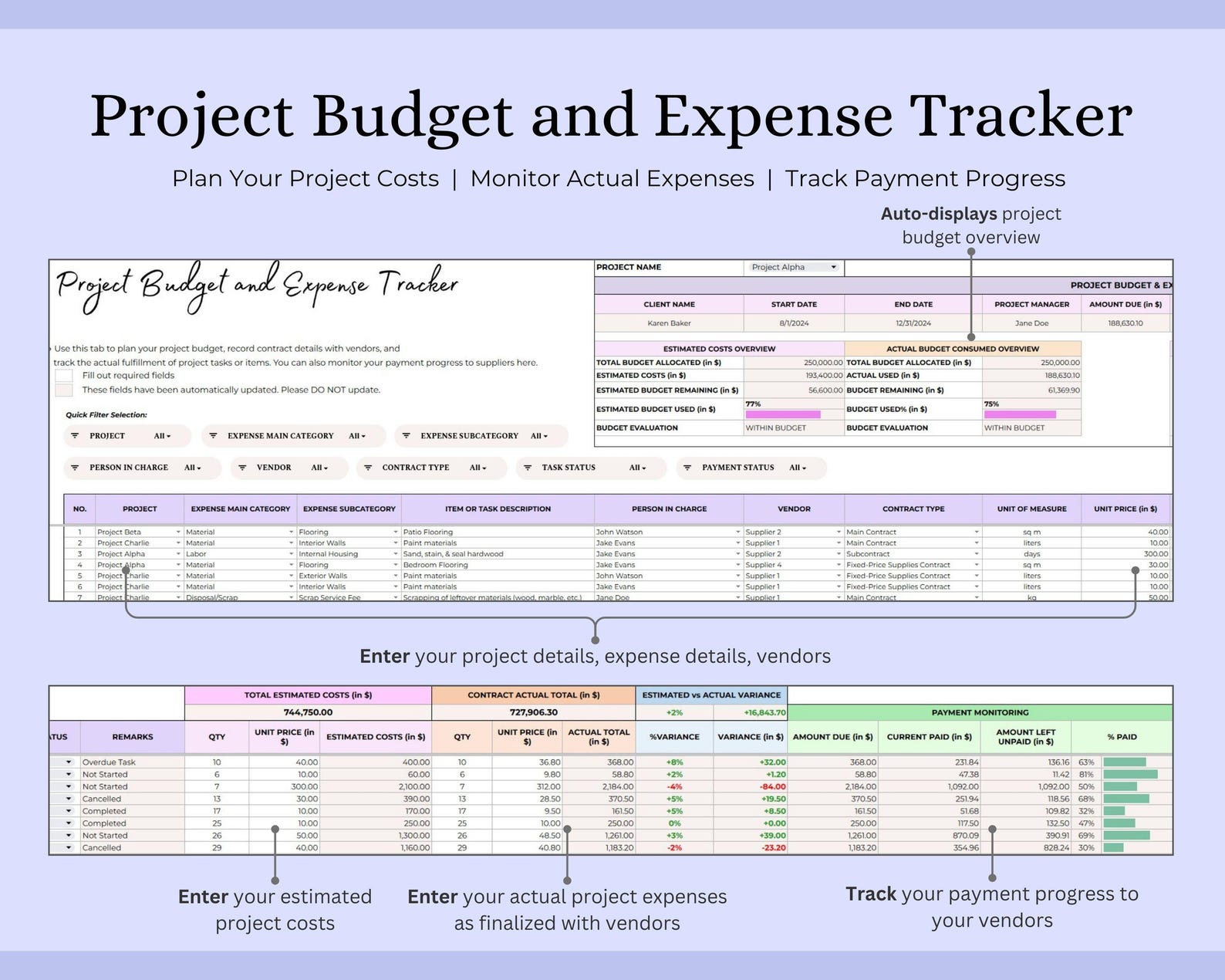 Project Budget Tracker Project Cost Tracker Excel Project Expense ...