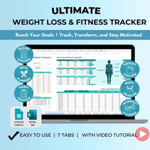May include: A laptop screen displays a weight loss and fitness tracker spreadsheet. The screen shows data tables, body measurement progress, and icons for recipe, meal, and habit trackers. Text on the screen reads "Ultimate Weight Loss & Fitness Tracker."