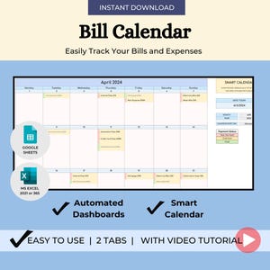 Simple Bill Tracker Automated Bill Calendar Payment Dashboard Expense Spreadsheet Finance Planner Monthly Bill Organizer Google Sheets Excel