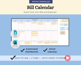 Könnte beinhalten: Eine digitale Rechnungs-Kalender-Vorlage für Google Sheets und Microsoft Excel. Der Kalender ist für April 2024 und enthält eine Registerkarte für einen intelligenten Kalender mit Zahlungsstatus und automatisierten Dashboards. Das Bild enthält den Text "INSTANT DOWNLOAD", "Bill Calendar", "Easily Track Your Bills and Expenses", "SMART CALENDA", "4/3/2004", "EASY TO USE | 2 TABS | WITH VIDEO TUTORIAL".