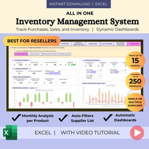May include: A screenshot of an Excel spreadsheet showing a colorful inventory management system dashboard. The dashboard includes charts and graphs for tracking business overview, product insights, price, cost, and profit, inventory distribution, and ending inventory per month. The dashboard also includes a section for tracking purchases, sales, suppliers, and inventory. The text "Track Up To 15 Months", "Supports Up To 250 Products", and "Single or Multiple Suppliers" is visible on the image. The text "Monthly Analysis per Product", "Auto-Filters Supplier List", and "Automatic Dashboards" is visible on the image. The text "Excel | With Video Tutorial" is visible on the image.
