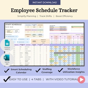 May include: A digital employee schedule tracker with the text "Employee Schedule Tracker" and "Simplify Planning | Track Shifts | Boost Efficiency." The image includes a calendar, staffing coverage, and workforce utilization insights.