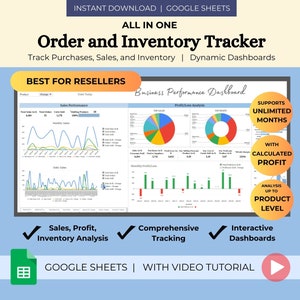 Könnte beinhalten: Eine Google Sheets-Vorlage für die Bestell- und Bestandsverfolgung. Die Vorlage enthält ein Business Performance Dashboard mit Diagrammen und Grafiken für Umsatz, Gewinn und Produktanalyse. Die Vorlage unterstützt unbegrenzte Monate an Daten und beinhaltet ein Video-Tutorial.