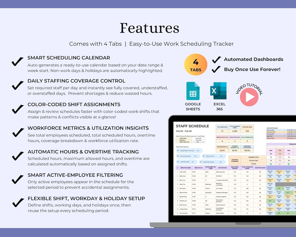 Employee Schedule Tracker Spreadsheet Staff Shift Planner Excel Google ...