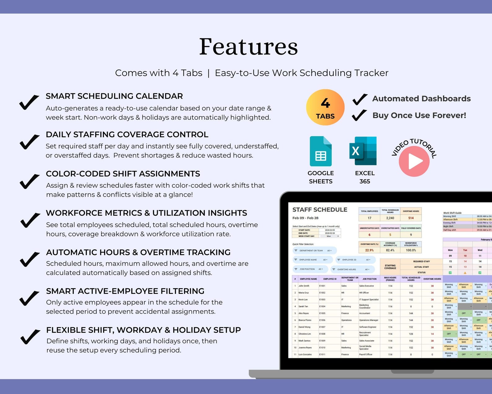 Employee Schedule Tracker Spreadsheet Staff Shift Planner Excel Google ...