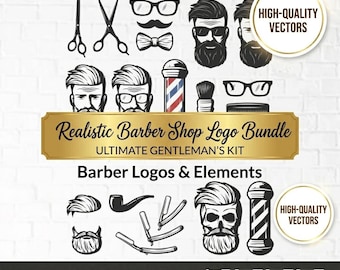 Barber Shop SVG Logo Bundle, 26 Gentleman Beard & Haircut Designs, Barber Pole Clipart, Hairdresser Silhouette, Cricut Cut Files, Digital