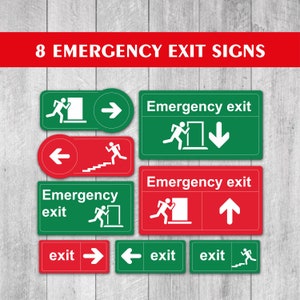May include: Eight emergency exit signs with various directional arrows and a running figure icon. The signs are in red and green with white text and icons.