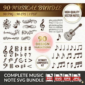 May include: A digital bundle of musical elements, including treble clefs, musical notes, and a guitar illustration. The image features the text "90 MUSICAL BUNDLE" and "COMPLETE MUSIC NOTE SVG BUNDLE". Includes 90 PNG, 90 EPS, and 1 PDF files.