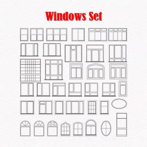 May include: A collection of various window designs in a line drawing style. The image features a variety of window shapes and styles, including rectangular, arched, and oval windows. The text "Windows Set" is displayed in red at the top.