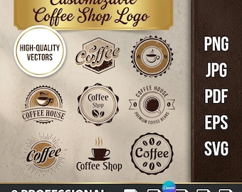 Anpassbares Coffee Shop Logo Bundle, 9 bearbeitbare Kaffeehaus Logos, Canva Vorlage, Cafe Branding Kit, modernes Kaffee Bar Schild, digitaler Download