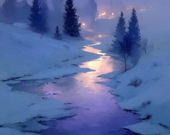 Whisper River – Calming Winter River Digital Download, Soft Purple Landscape Phone Wallpaper & Printable Art
