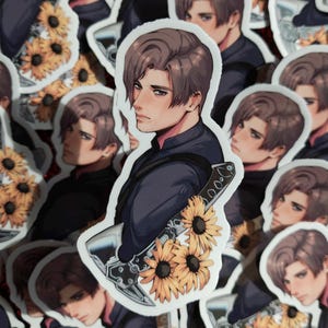 May include: A sticker featuring a stylized illustration of a person with brown hair and a dark blue outfit, holding a guitar decorated with sunflowers. The sticker has a white border and is surrounded by other stickers.