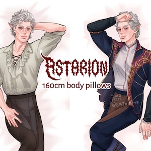 May include: Two 160cm body pillows featuring a white-haired character with a white shirt and brown pants, and a white shirt with a dark blue and gold jacket. The text "ESTARION 160cm body pillows" is in red.
