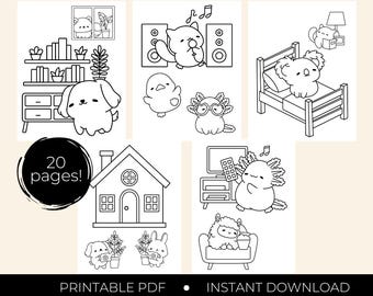 Dibujos para colorear de animales kawaii, para niños y adultos, con líneas gruesas (descarga digital).