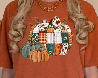 Calabaza acolchada floral PNG, diseño de patchwork cosido de otoño para sublimación (descarga digital)