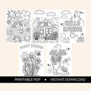 Spring Coloring Pages Pack, Five Pack of Spring Coloring Sheets, Spring Coloring for Kids, Kids Spring Activity, Adult Coloring Printable